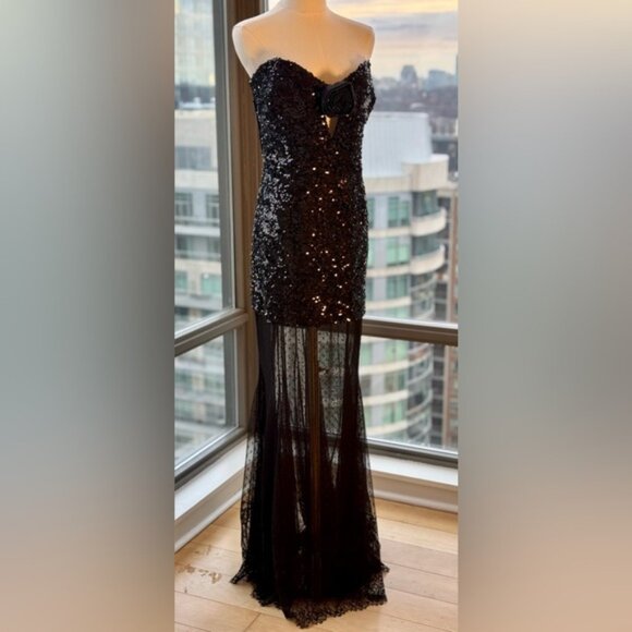 🆕REBECCA VALLANCE 🧿 NWOT Diana Black Sequined Mesh Trimmed Gown Sz AU 14 US 10 - Picture 11 of 16